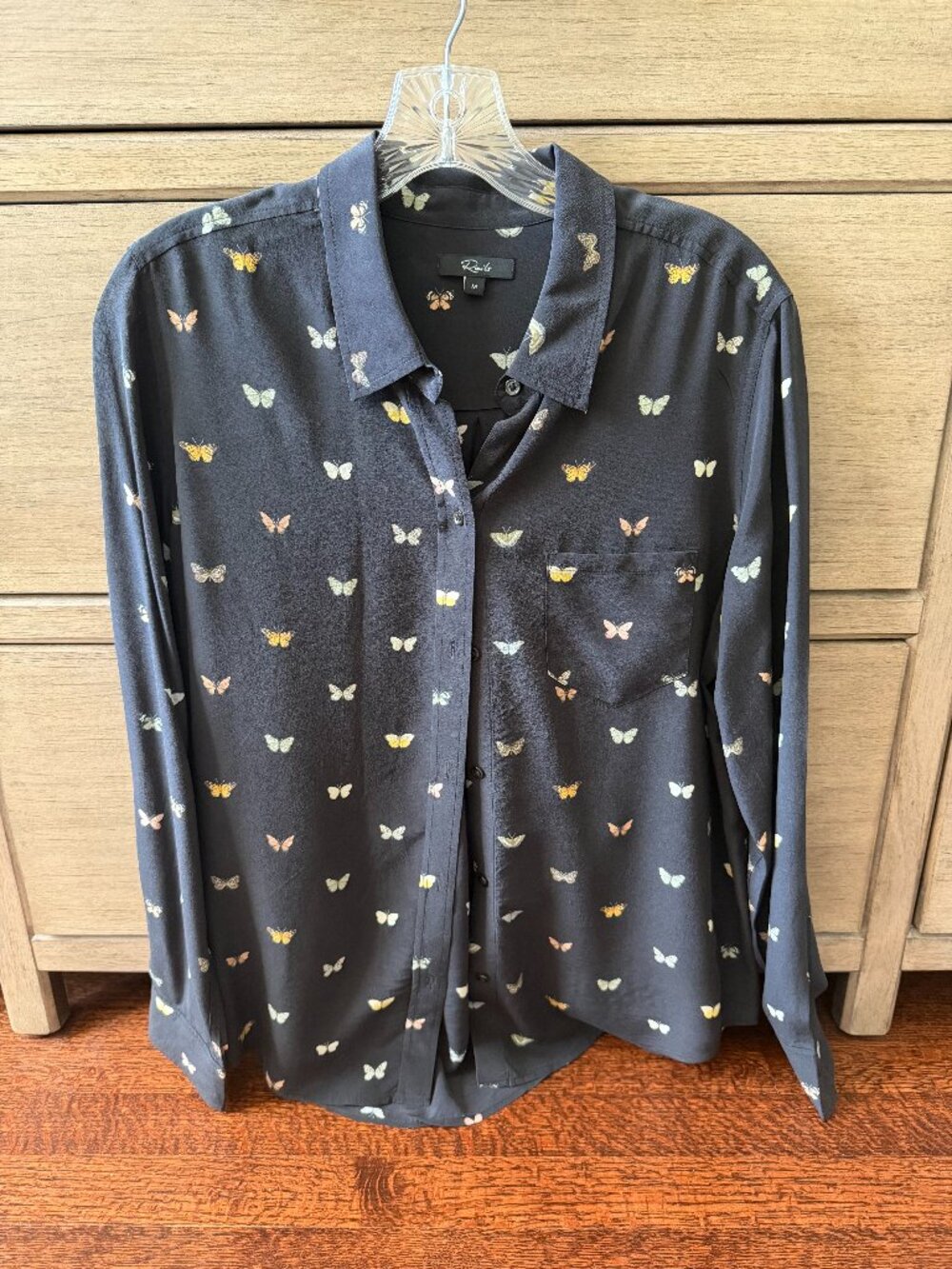 Rails Kate Black Butterfly 100% Silk Button Down Shirt M